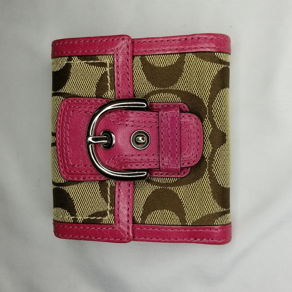 Coach Small Wallet Tan Brown Pink Buckle